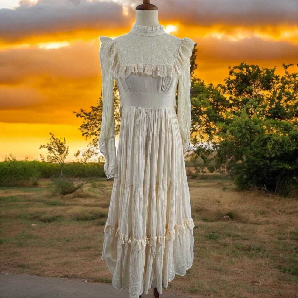 Gunne Sax Dress Vintage 70s Prairie Wedding Cream Lace Gauze Coquette Long Maxi